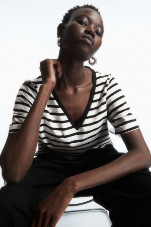 COS V-Neck Tricko Damske Námornícka Modrá Biele | COS Eshop SK-GBQR07983