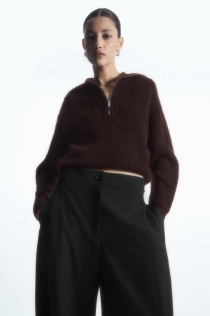 COS Vlna And Bavlnene Half-Zip Svetre Damske Tmavo Hnede | COS Eshop SK-HIVK10245